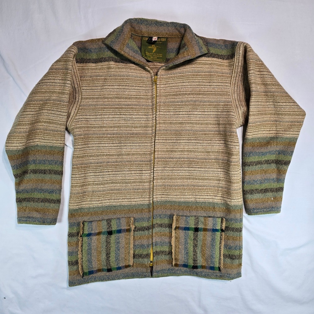 Vintage Curlew Weavers Wales Pure Wool Zip Cardigan Jacket Striped Green Tan Med